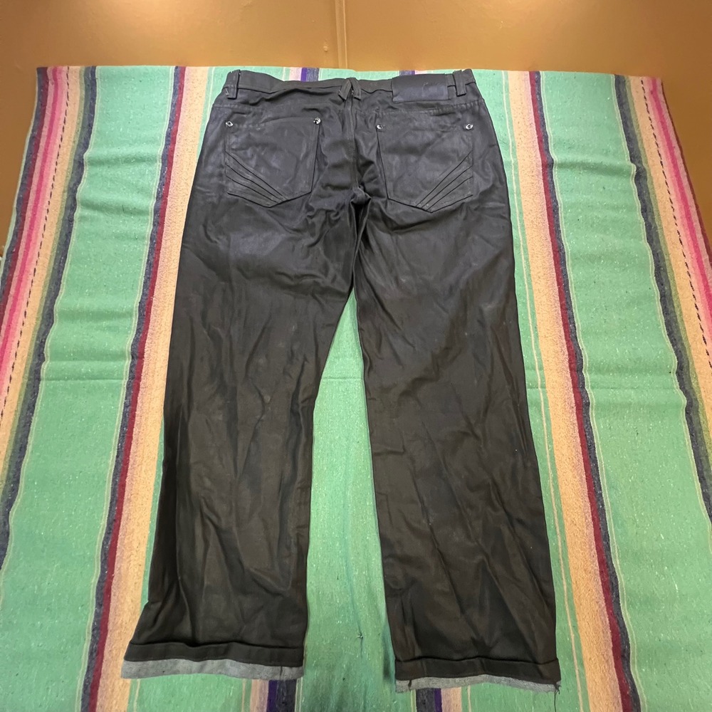 Akademiks Coated Jeans Mens 38x30 Black Waxed Denim Streetwear Y2K Industrial